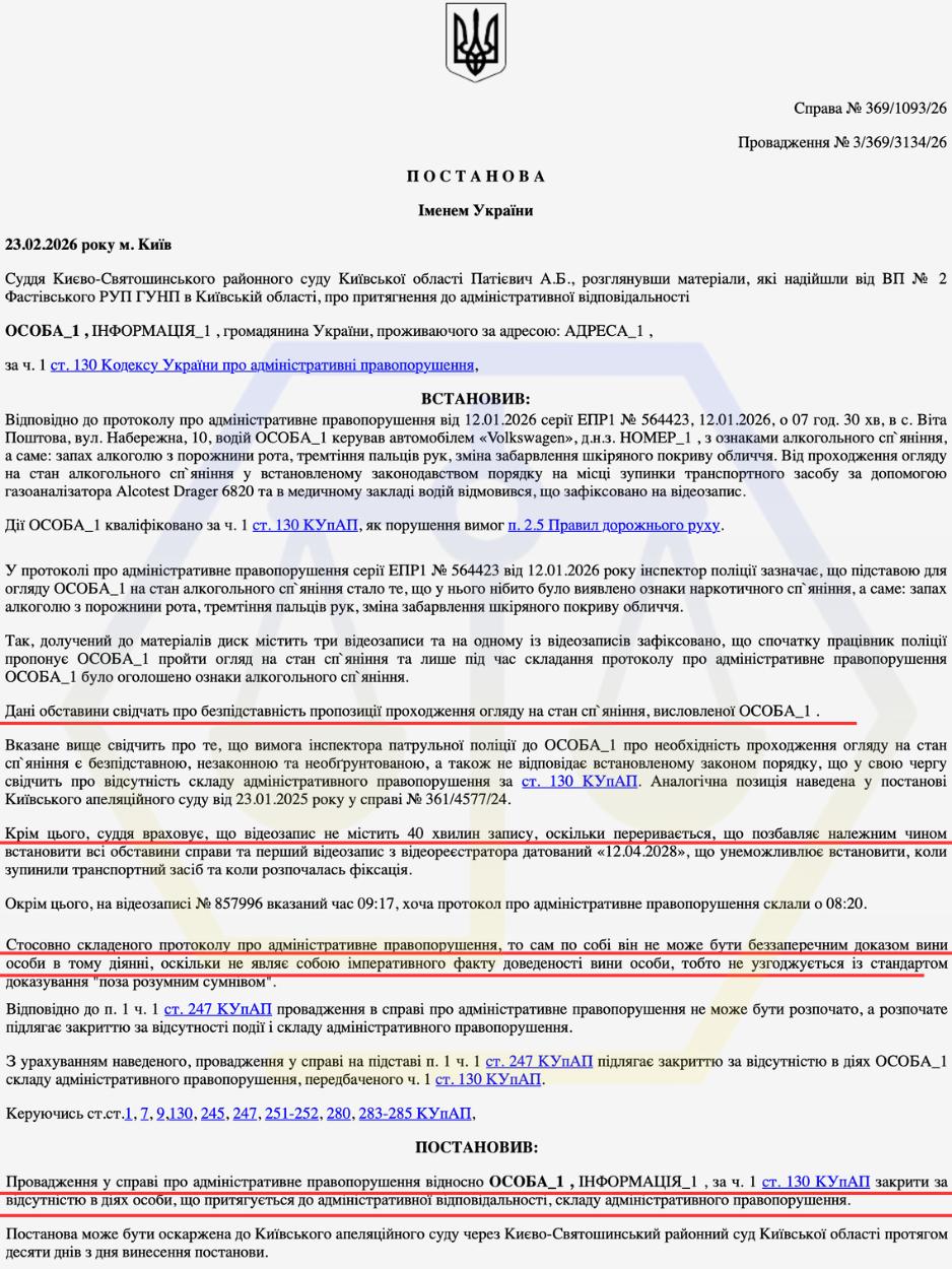ДОВЕЛИ НЕДОПУСТИМІСТЬ ДОКАЗІВ ТА ДОМОГЛИСЯ ЗАКРИТТЯ СПРАВИ ЗА СТ. 130 КУПАП