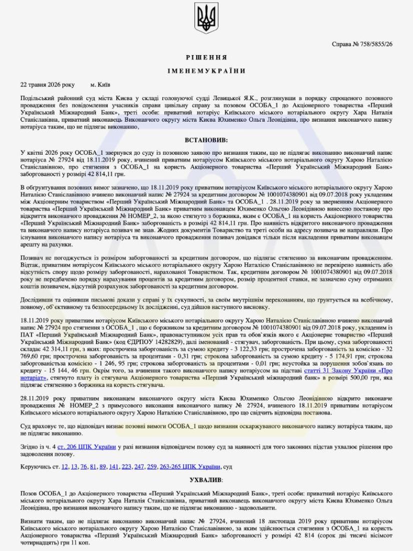 СКАСУВАЛИ ВИКОНАВЧИЙ НАПИС НОТАРІУСА НА 42 814,11 ГРН ЧЕРЕЗ НЕОБҐРУНТОВАНИЙ РОЗРАХУНОК ЗАБОРГОВАНОСТІ